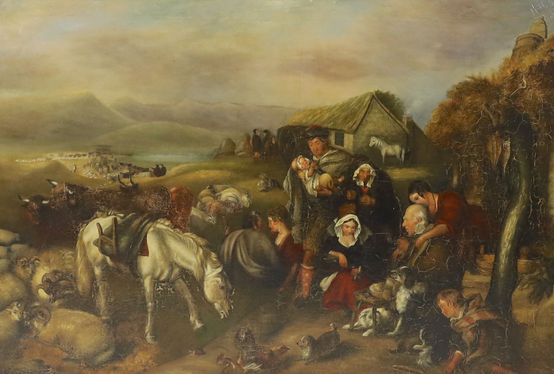 19th century Scottish School , Highlanders beside a croft with dogs, ponies, cattle and sheep, oil on canvas, 96 x 144cm